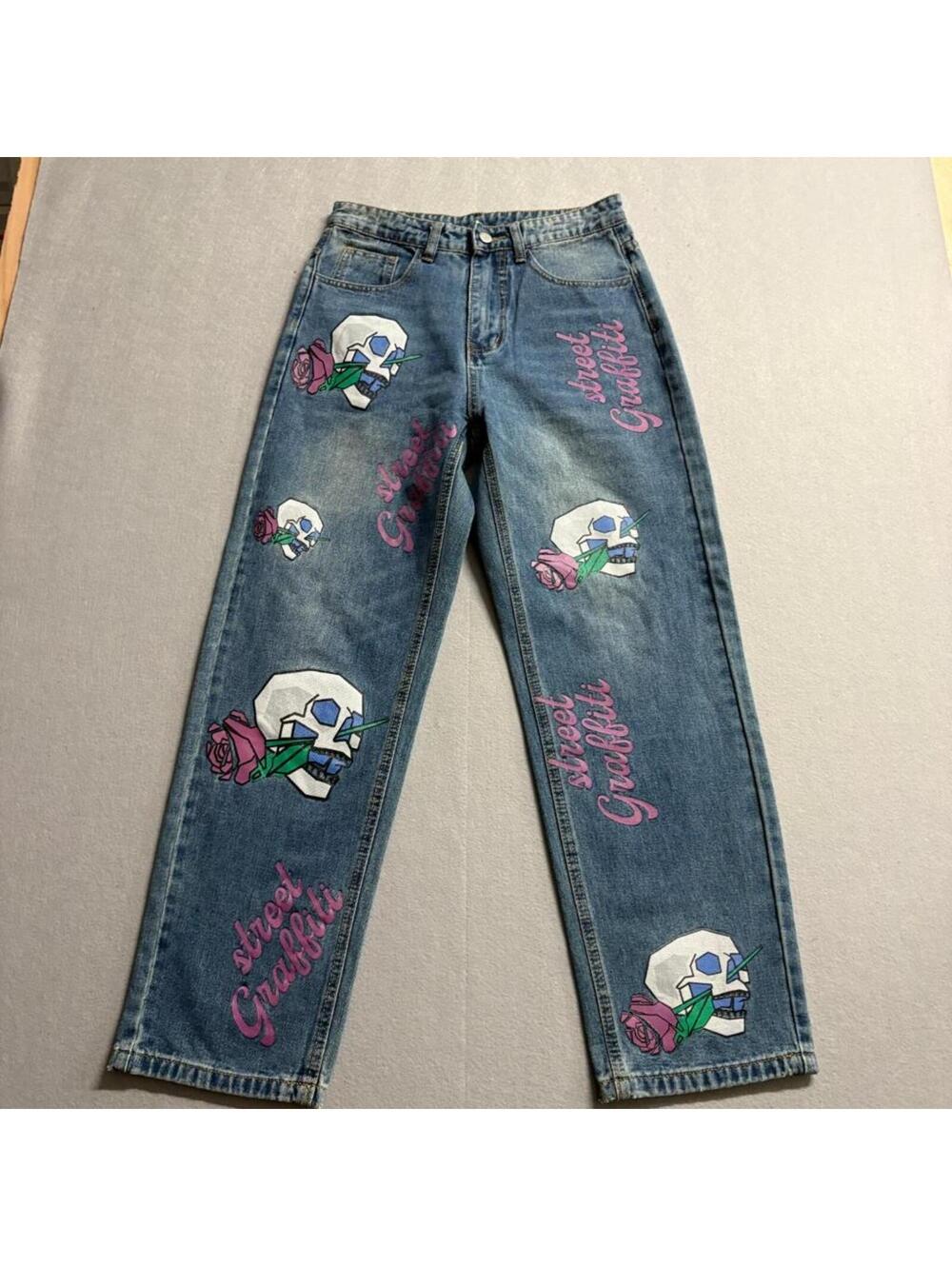 SHEIN Skull Rose Graffiti Print Jeans Womens XS Blue Denim Straight Leg Pants